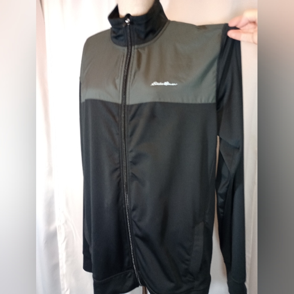 Eddie Bauer Sweatshirt, Men Full Zip, Black/ Gray, Pckts,Band Collar,Logo,Tall L